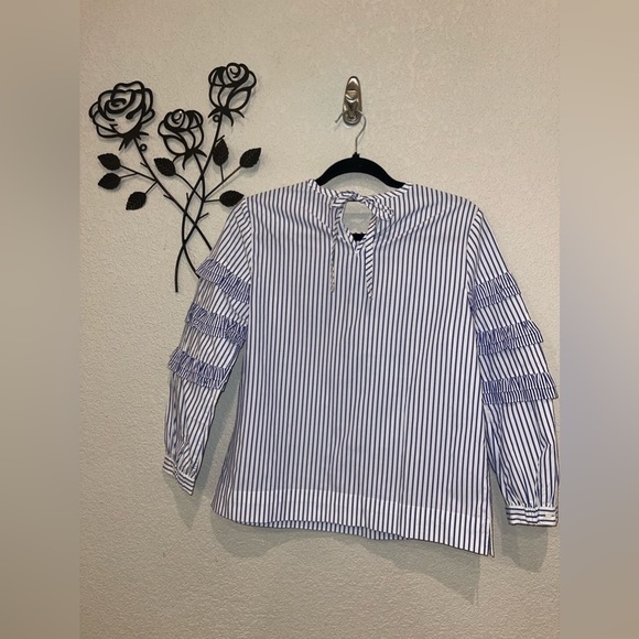 J. Crew  Top Womens Sz 0 Blue Striped Casual Ruffle Long Sleeve Blouse Cottage - Picture 5 of 9